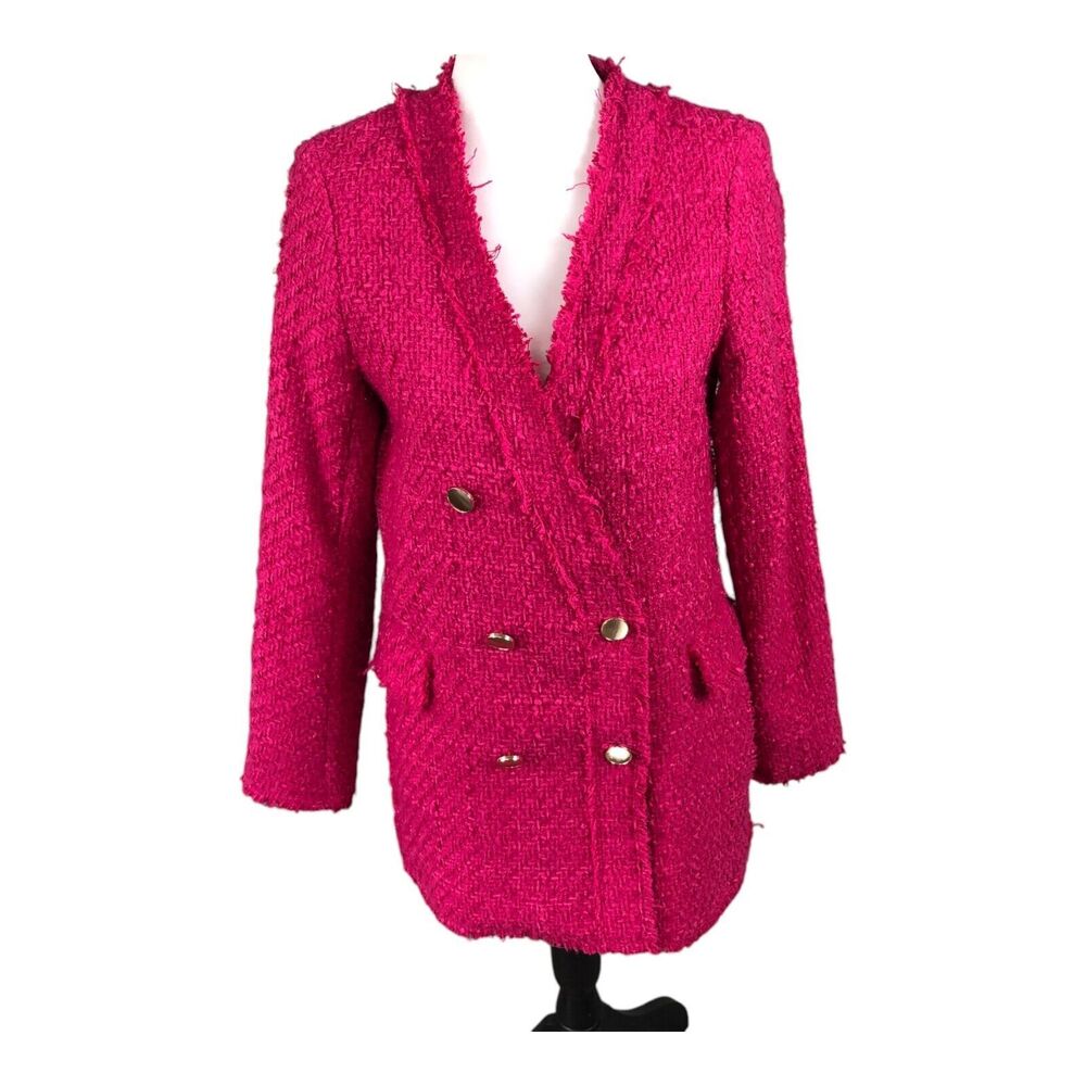 RACHEL ZOE Hot Pink Womens Boucle Tweed Double Breasted Barbiecore‎ Blazer S
